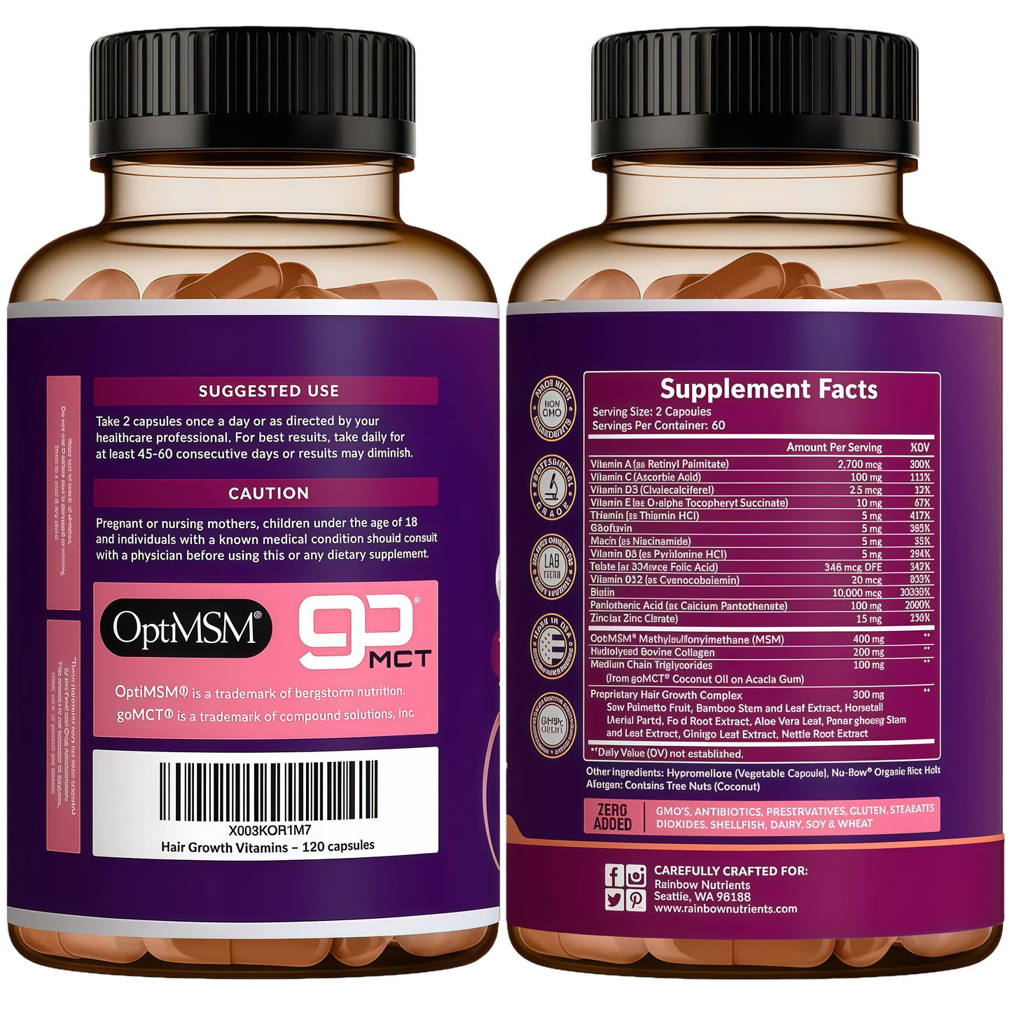 Rainbow Nutrients | Hair Growth Vitamins for Women | Biotin 10,000mcg, Collagen, Patented OptiMSM®, goMCT®, Saw Palmetto | Naturally Regrow Stronger & Healthier Hair, Skin and Nails | Stops Hair Loss | 60 Day Supply