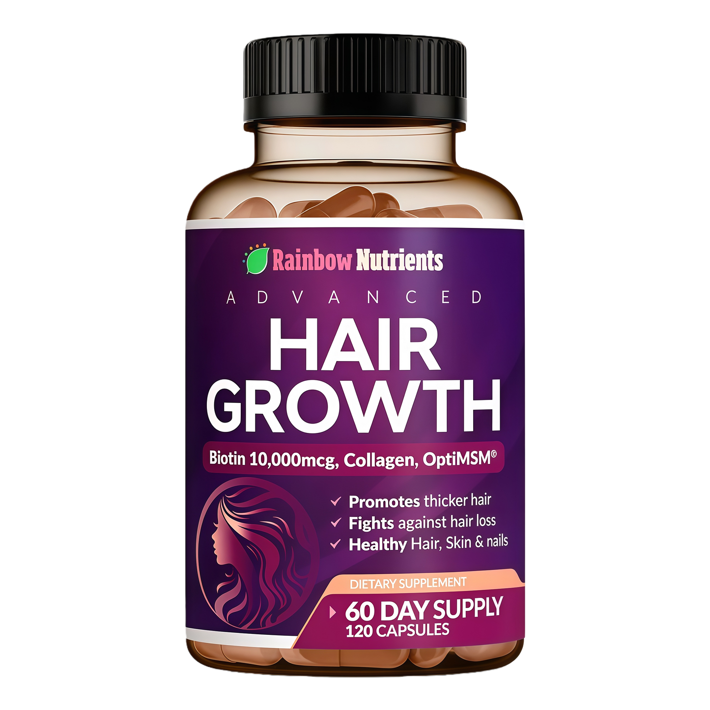 Rainbow Nutrients | Hair Growth Vitamins for Women | Biotin 10,000mcg, Collagen, Patented OptiMSM®, goMCT®, Saw Palmetto | Naturally Regrow Stronger & Healthier Hair, Skin and Nails | Stops Hair Loss | 60 Day Supply