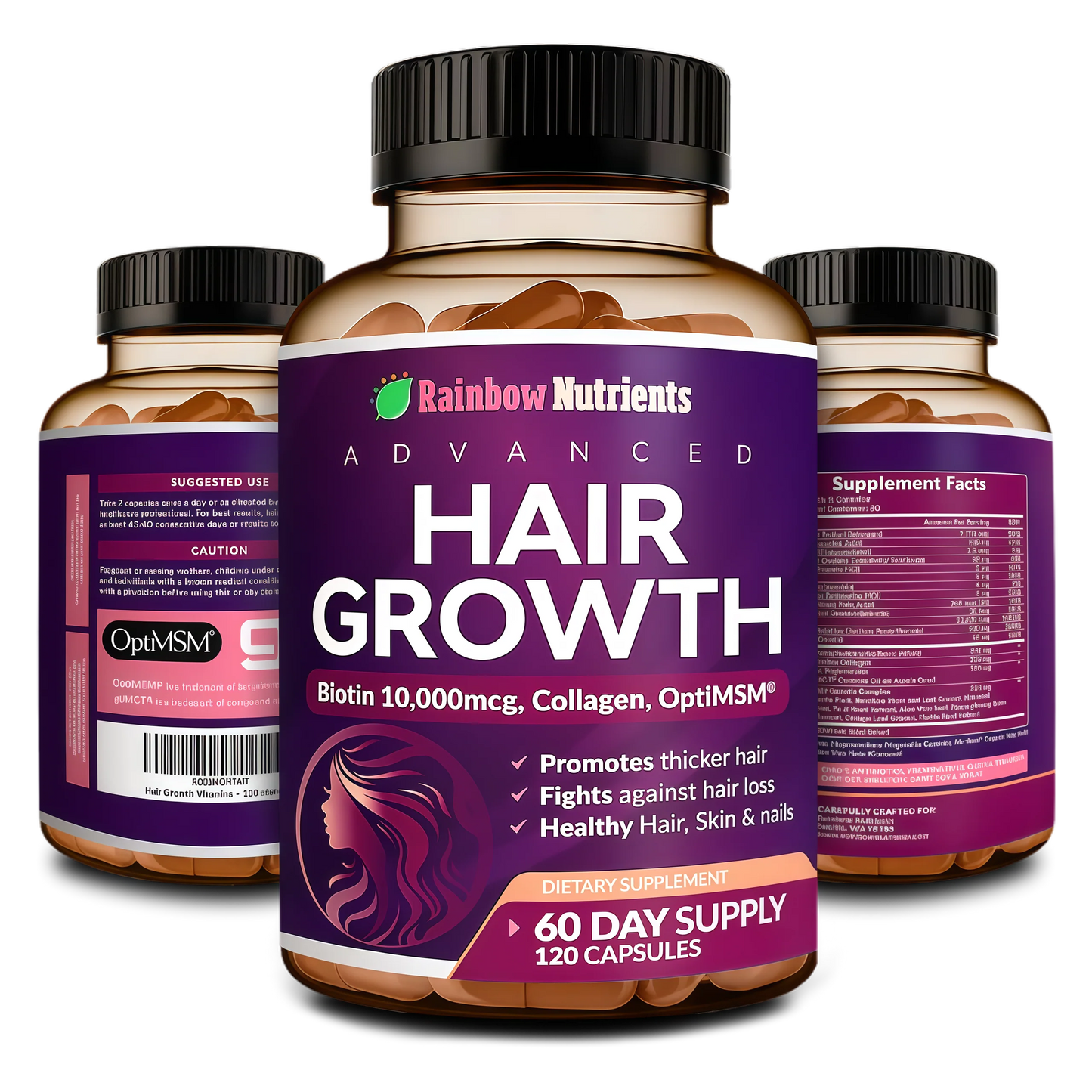 Rainbow Nutrients | Hair Growth Vitamins for Women | Biotin 10,000mcg, Collagen, Patented OptiMSM®, goMCT®, Saw Palmetto | Naturally Regrow Stronger & Healthier Hair, Skin and Nails | Stops Hair Loss | 60 Day Supply