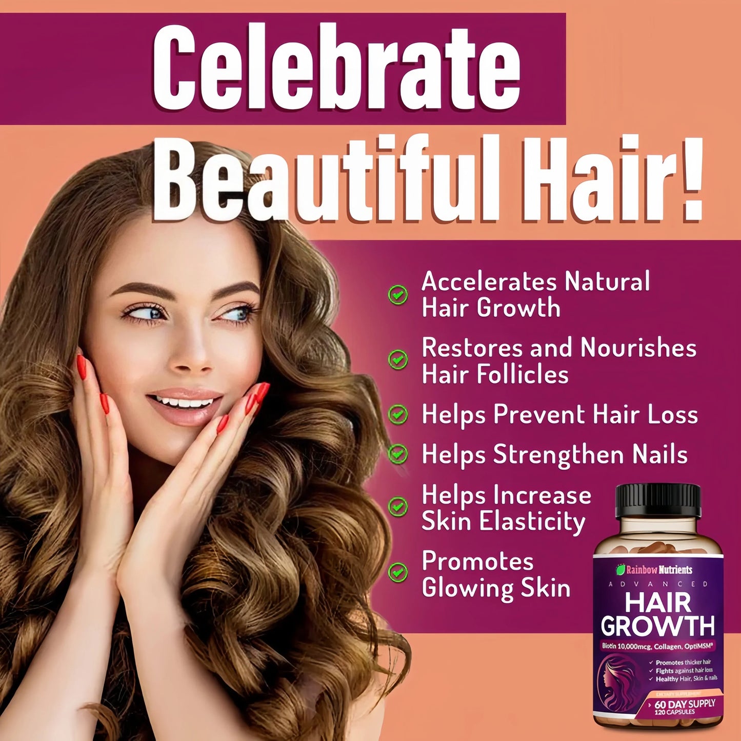 Rainbow Nutrients | Hair Growth Vitamins for Women | Biotin 10,000mcg, Collagen, Patented OptiMSM®, goMCT®, Saw Palmetto | Naturally Regrow Stronger & Healthier Hair, Skin and Nails | Stops Hair Loss | 60 Day Supply