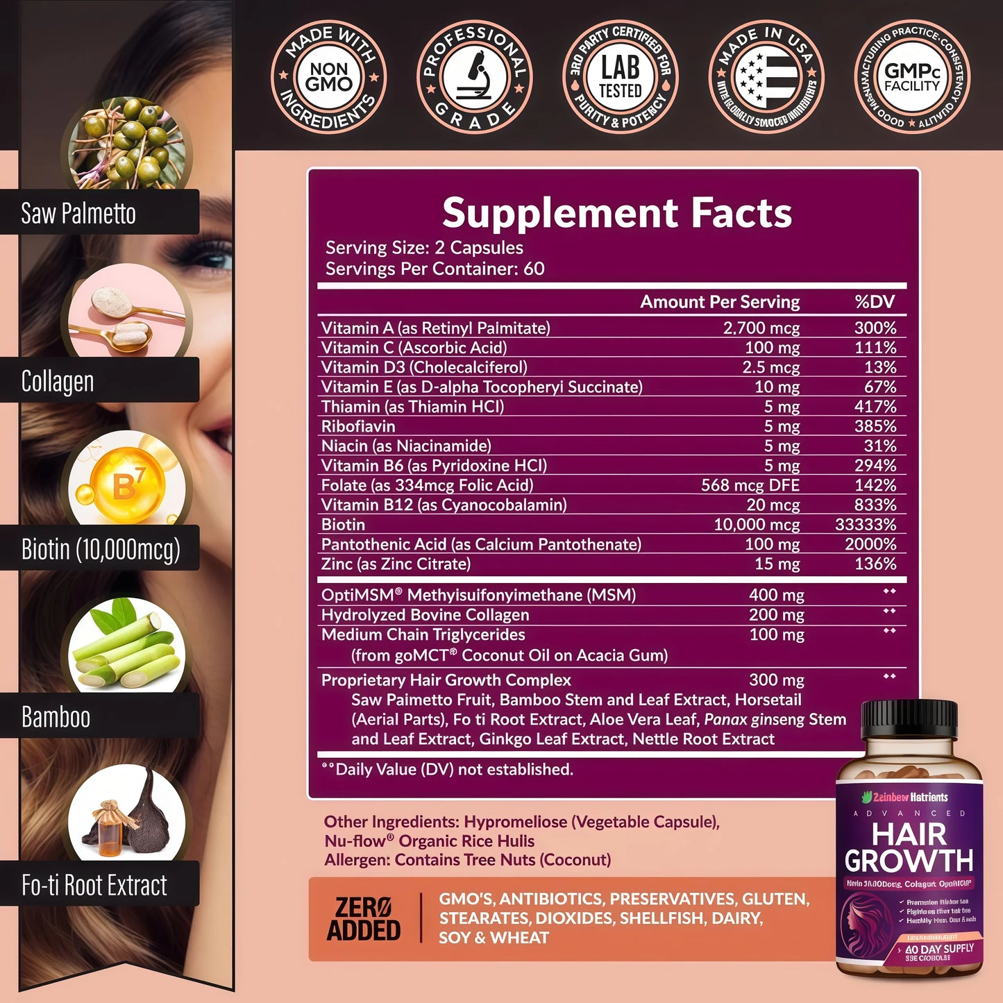 Rainbow Nutrients | Hair Growth Vitamins for Women | Biotin 10,000mcg, Collagen, Patented OptiMSM®, goMCT®, Saw Palmetto | Naturally Regrow Stronger & Healthier Hair, Skin and Nails | Stops Hair Loss | 60 Day Supply
