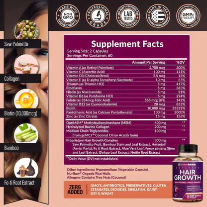 Rainbow Nutrients | Hair Growth Vitamins for Women | Biotin 10,000mcg, Collagen, Patented OptiMSM®, goMCT®, Saw Palmetto | Naturally Regrow Stronger & Healthier Hair, Skin and Nails | Stops Hair Loss | 60 Day Supply