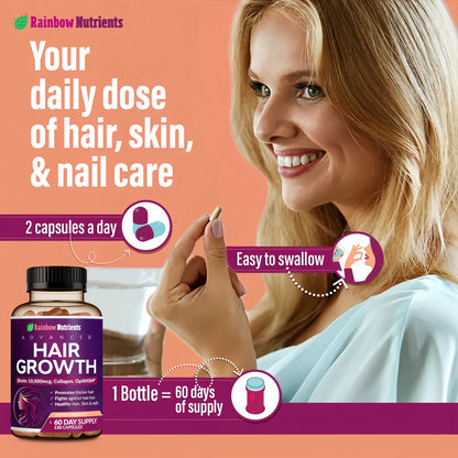 Rainbow Nutrients | Hair Growth Vitamins for Women | Biotin 10,000mcg, Collagen, Patented OptiMSM®, goMCT®, Saw Palmetto | Naturally Regrow Stronger & Healthier Hair, Skin and Nails | Stops Hair Loss | 60 Day Supply