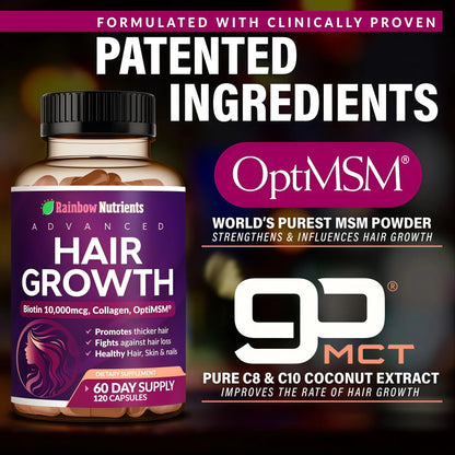 Rainbow Nutrients | Hair Growth Vitamins for Women | Biotin 10,000mcg, Collagen, Patented OptiMSM®, goMCT®, Saw Palmetto | Naturally Regrow Stronger & Healthier Hair, Skin and Nails | Stops Hair Loss | 60 Day Supply