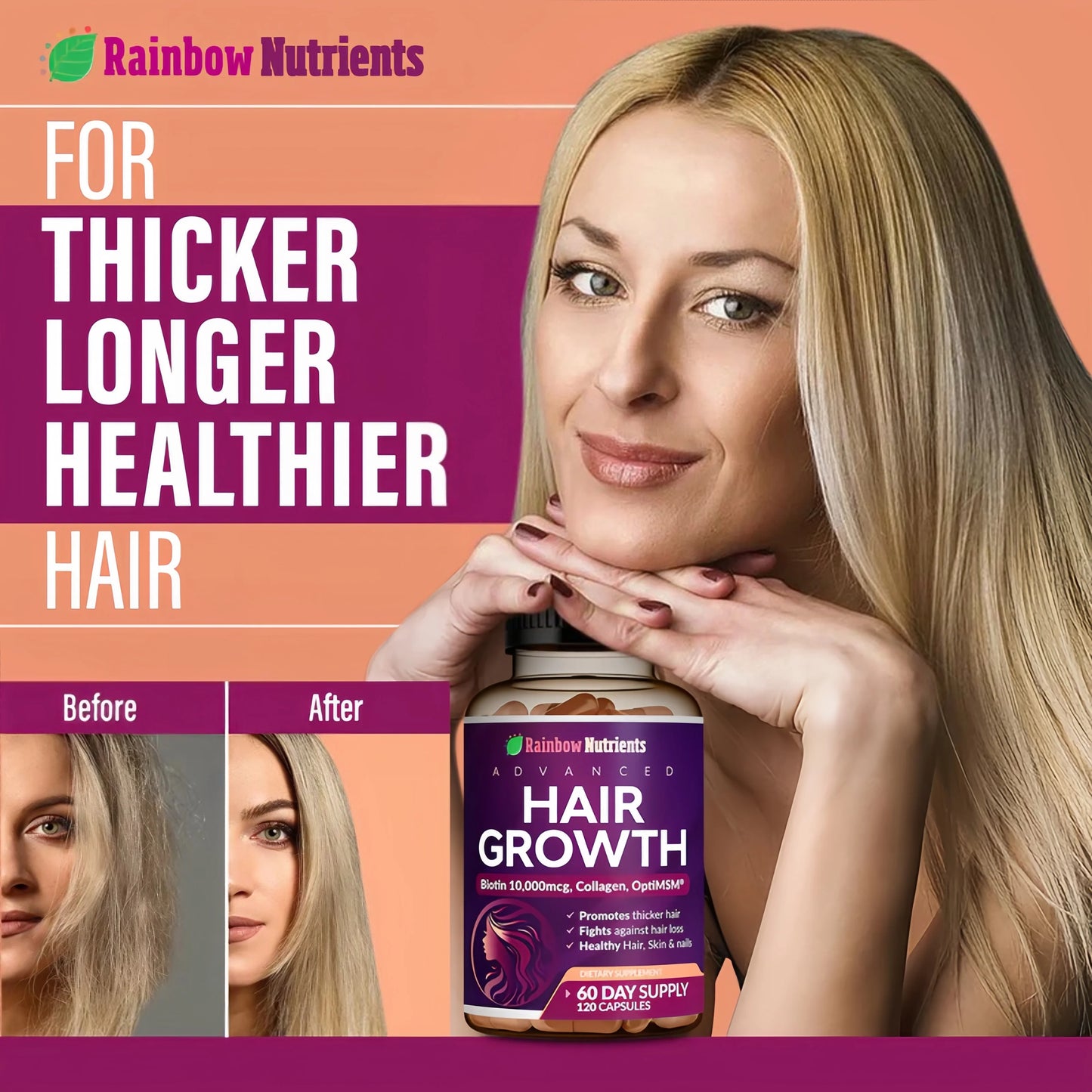 Rainbow Nutrients | Hair Growth Vitamins for Women | Biotin 10,000mcg, Collagen, Patented OptiMSM®, goMCT®, Saw Palmetto | Naturally Regrow Stronger & Healthier Hair, Skin and Nails | Stops Hair Loss | 60 Day Supply